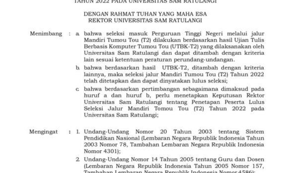 Unsrat Umumkan Hasil Seleksi, 3014 Peserta Lolos Jalur Mandiri T2